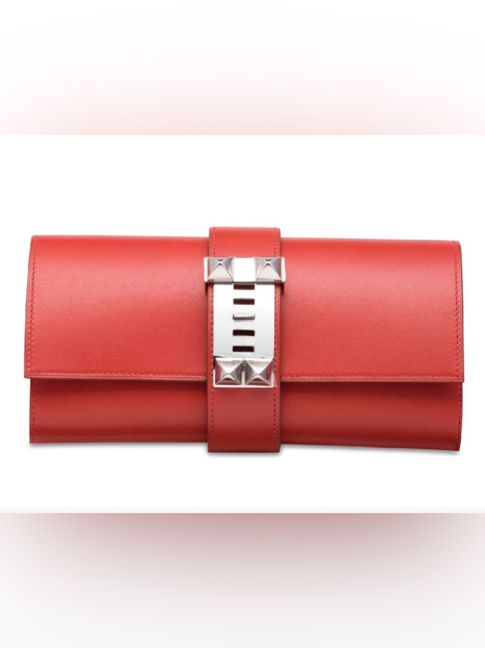 LIKE NEW HERMES SANGUINE ORANGE TADELAKT LEATHER MEDOR CLUTCH PALLADIUM HARDWARE - Picture 3 of 17